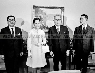Their Majesties King Bhumibol Adulyadej and Queen Sirikit of Thailand with Secretary-General U Thant, 09 June 1967.
