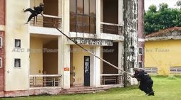 Gravity-defying: Vietnam mobile police swat team scales building with a pole (video)