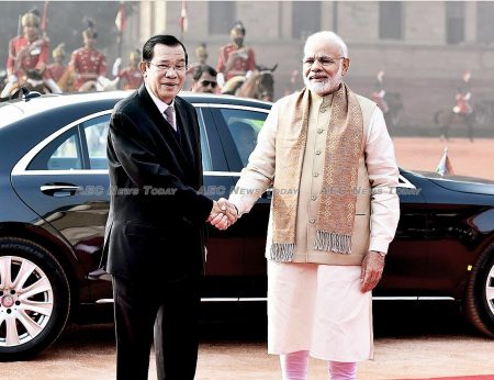 India Prime Minister Narendra Modi welcomes Cambodia Prime Minister Hun Sen in Delhi in January 2018