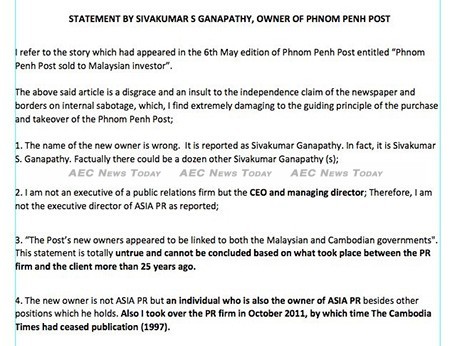 The blistering memo sent by Sivakumar S. Ganapathy in response to the story published in The Phnom Penh Post detailing his purchase of Post Media