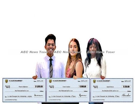 The three winners of this year's A1- Auto Transport English-language writing scholarship competition: Warren Alphonso, Esme Crocker, and Akudo McGee in a mockup composite photo