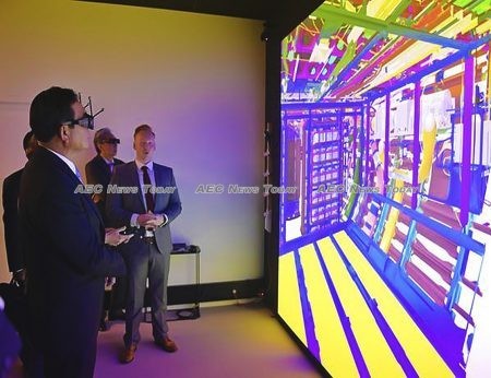 General Prayut Chan-o-cha inspects an augmented reality display of the Thai-Airbus maintenance, repair and overhaul centre to be built at U-Tapao