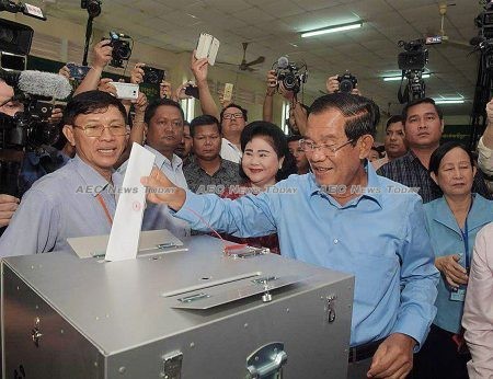 Incumbent Prime Minister Hun Sen casts his vote in the 2018 Cambodia general election. 