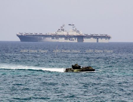 A 844-foot US amphibious assault ship, USS Wasp, deployed Thursday