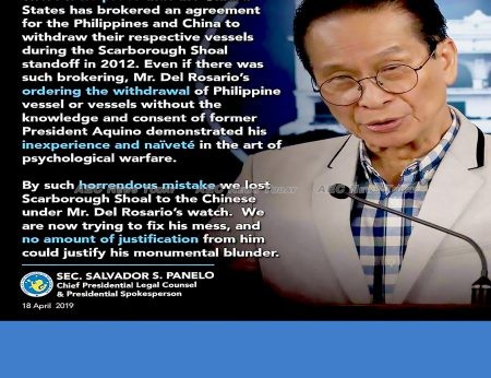Salvador Panelo: The Philippines lost Scarborough Shoal due to Mr del Rosario’s “horrendous mistake