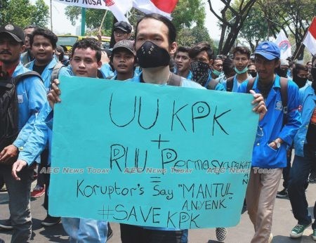 Indonesian students take part in a protest over anti-corruption law in September 2019.